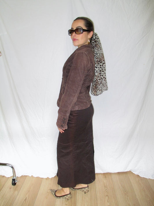Brown corduroy blazer ponytail vintage scarf designer kitten heels back view gucci and burberry vintage