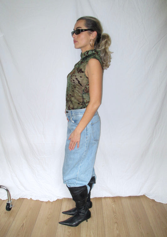 Sheer China Top Floral Print Green with Vintage Leather Boots and Carhartt Brandon Jeans Side