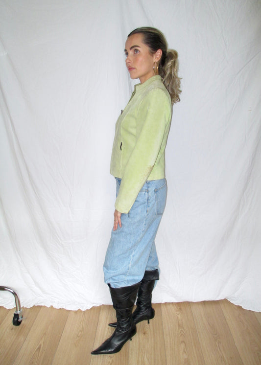 pistachio green suede vintage jacket oversized jeans kitten heel leather boots