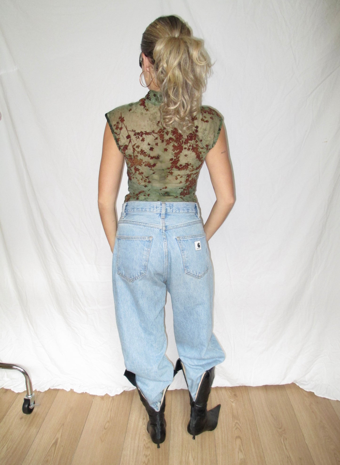 Sheer China Top Floral Print Green with Vintage Leather Boots and Carhartt Brandon Jeans back