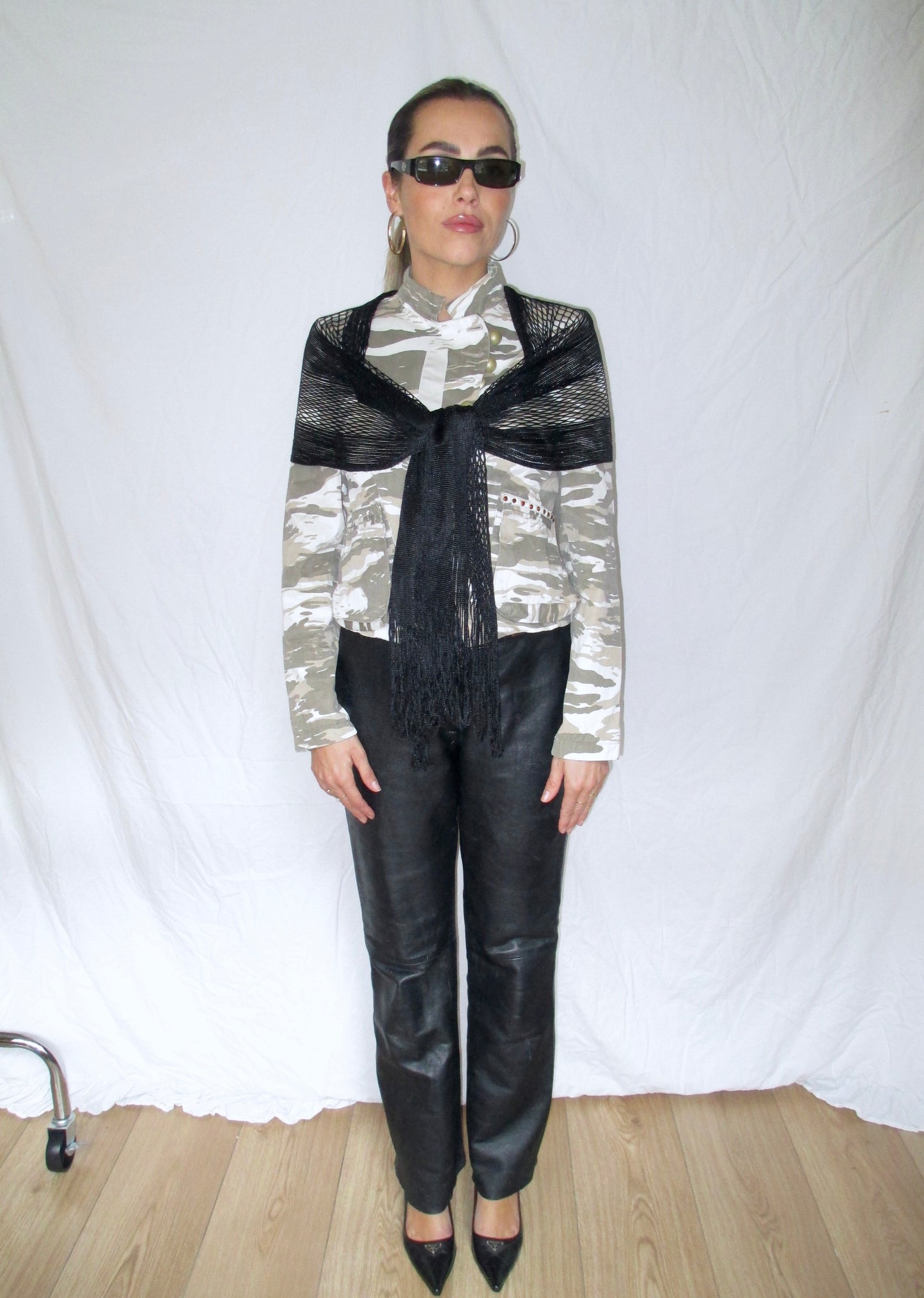 Napoleon Military Jacket Vintage Outfit Leather Pants Prada Kitten Heels Gucci Glasses