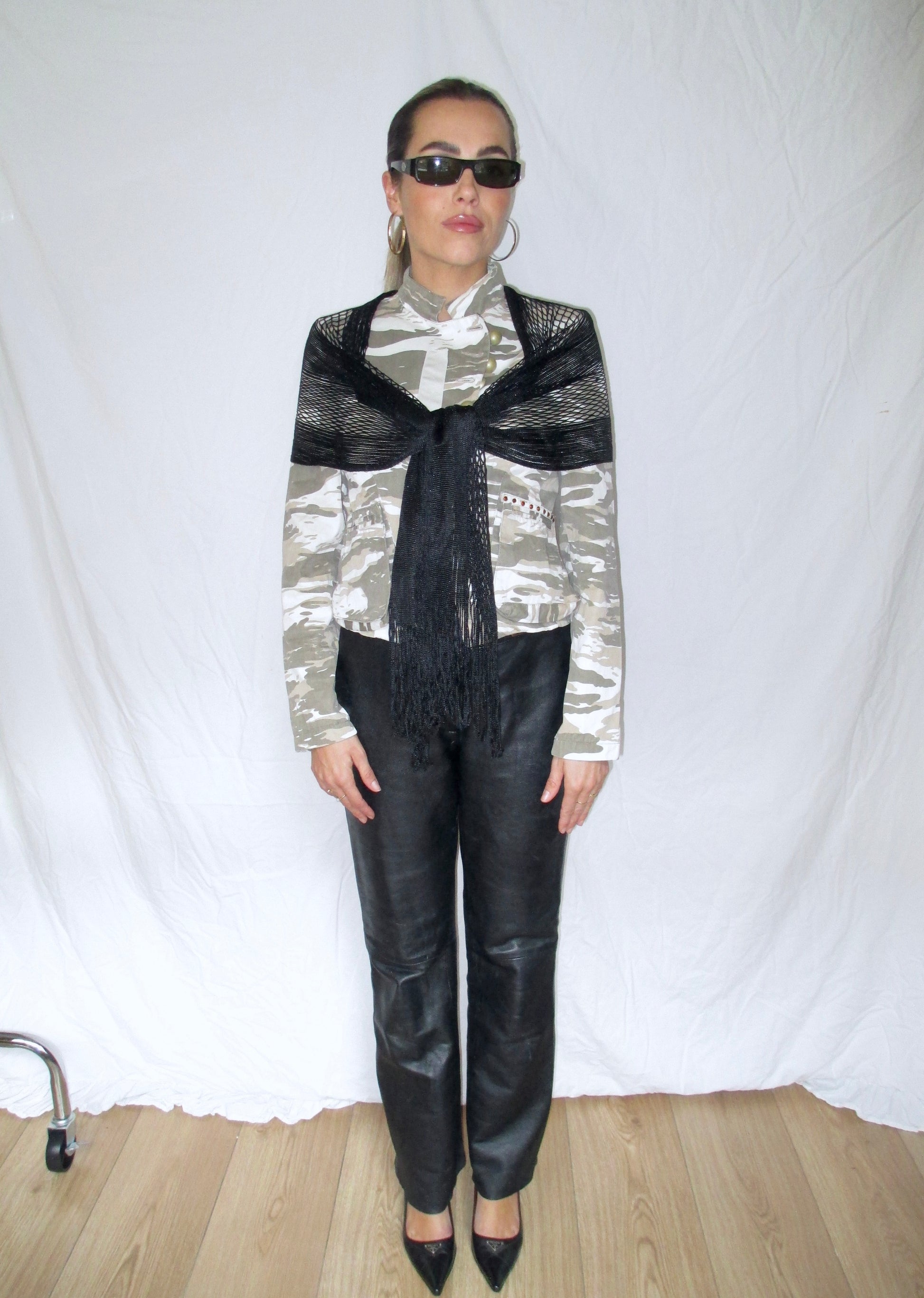 Napoleon Military Jacket Vintage Outfit Leather Pants Prada Kitten Heels Gucci Glasses