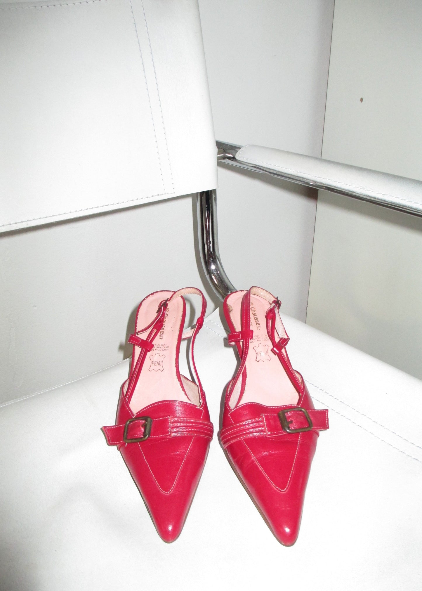 Red Leather Slingback Heels Buckle Kitten