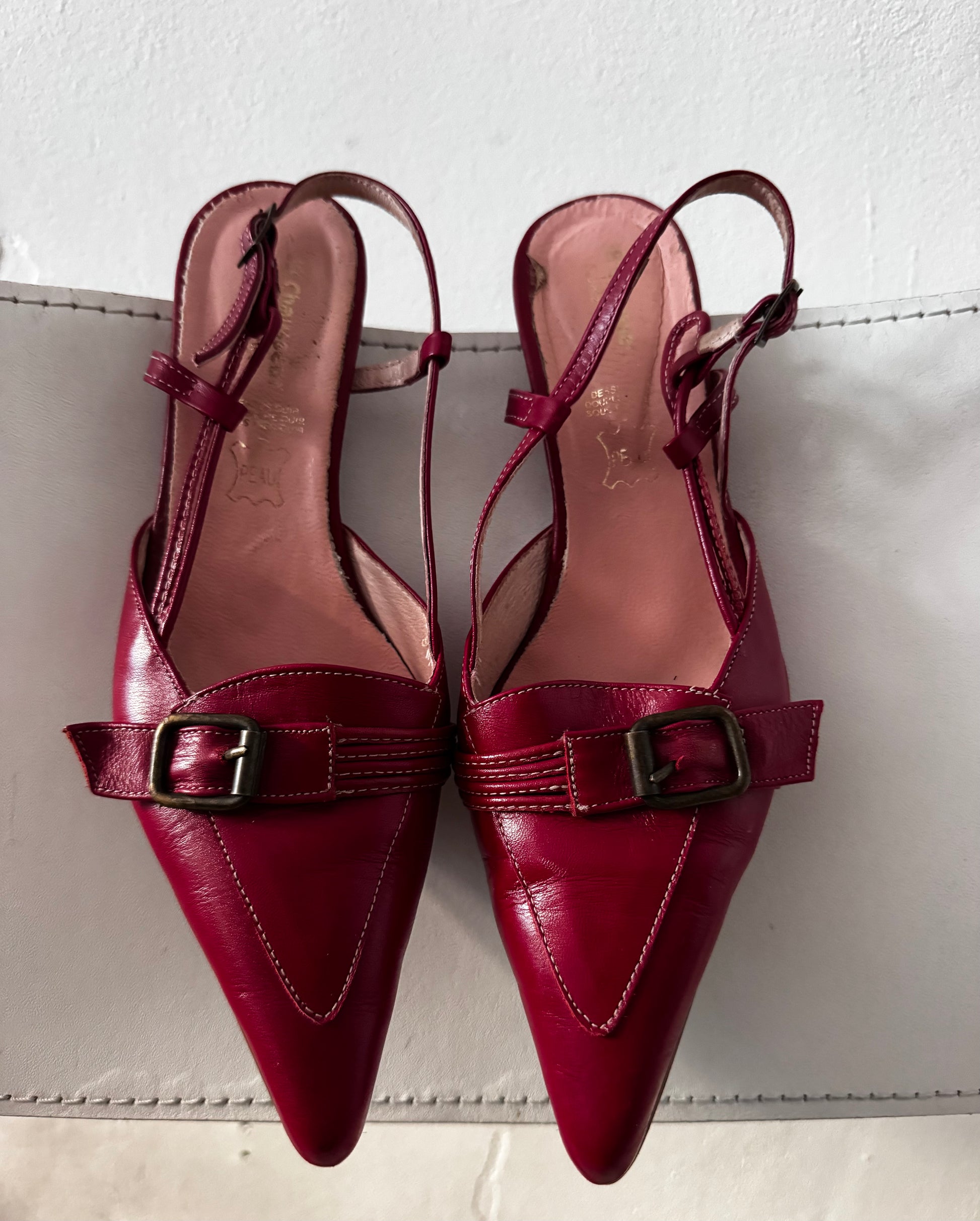 Red Leather Slingback Heels kitten buckle shoes vintage