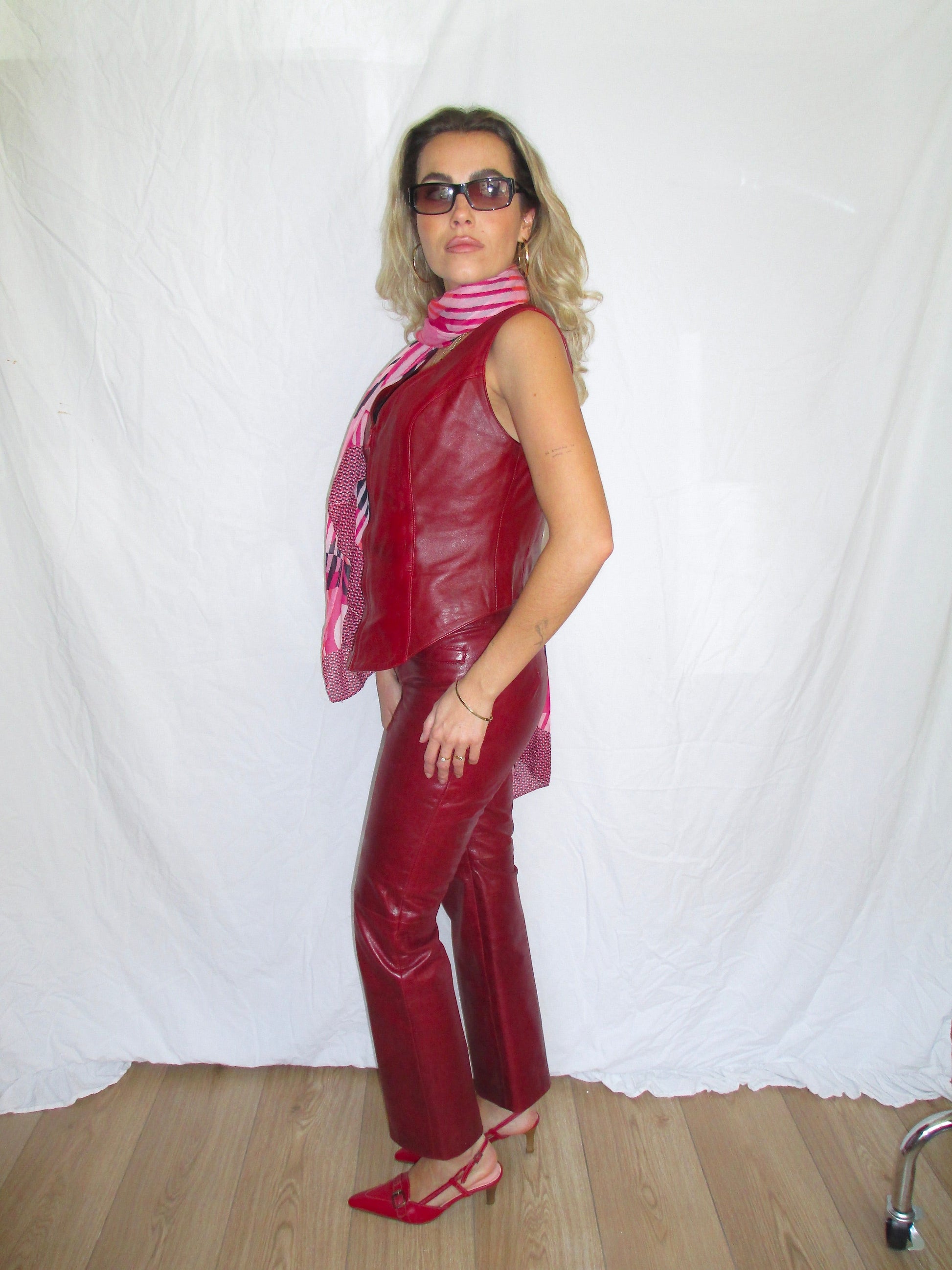 Vintage Red Leather Top with Zipper, red  vintage leather pants and vintage red kitten heels