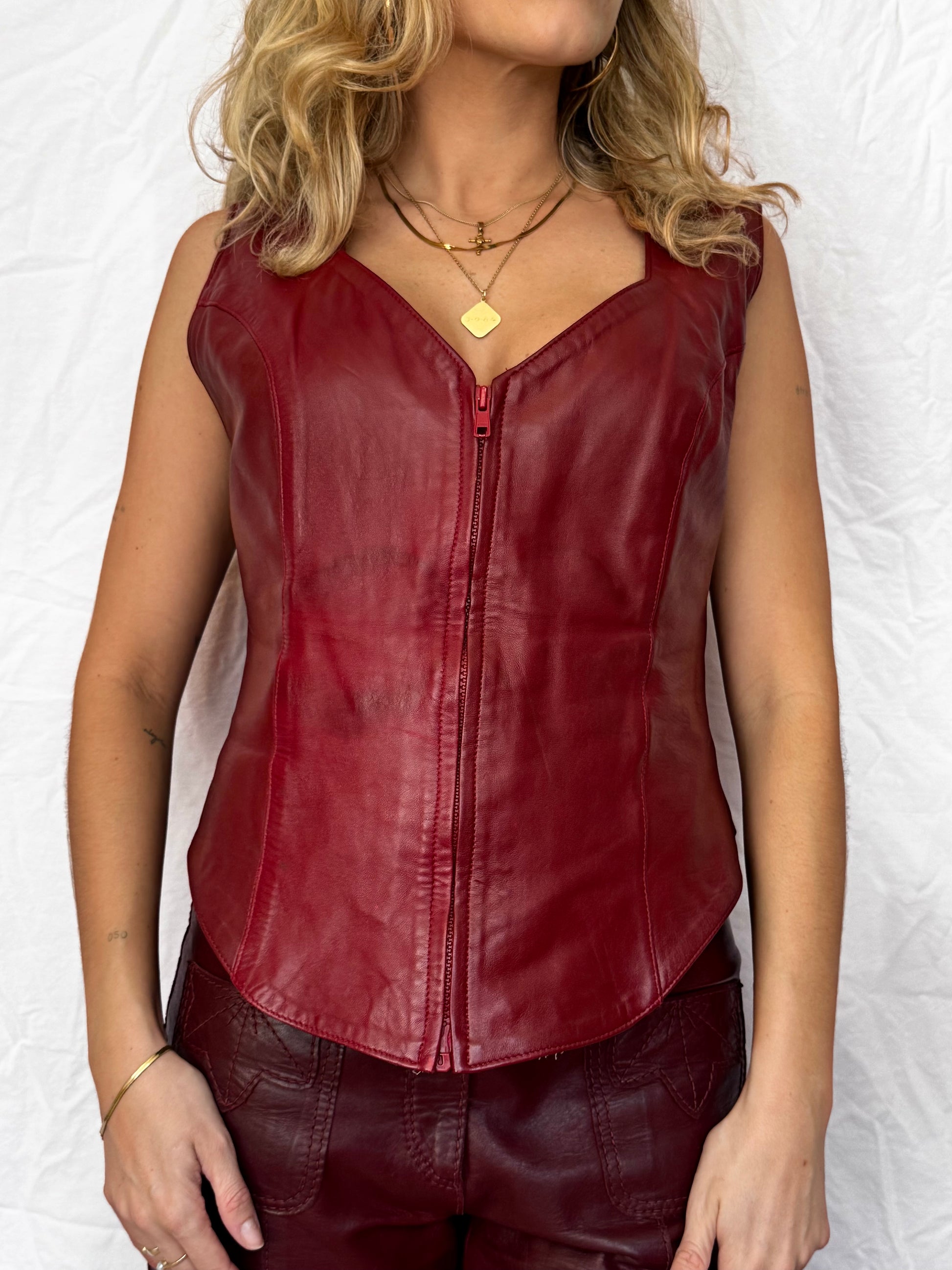 Front Picture Of Red Leather Vintage Top with Zipper