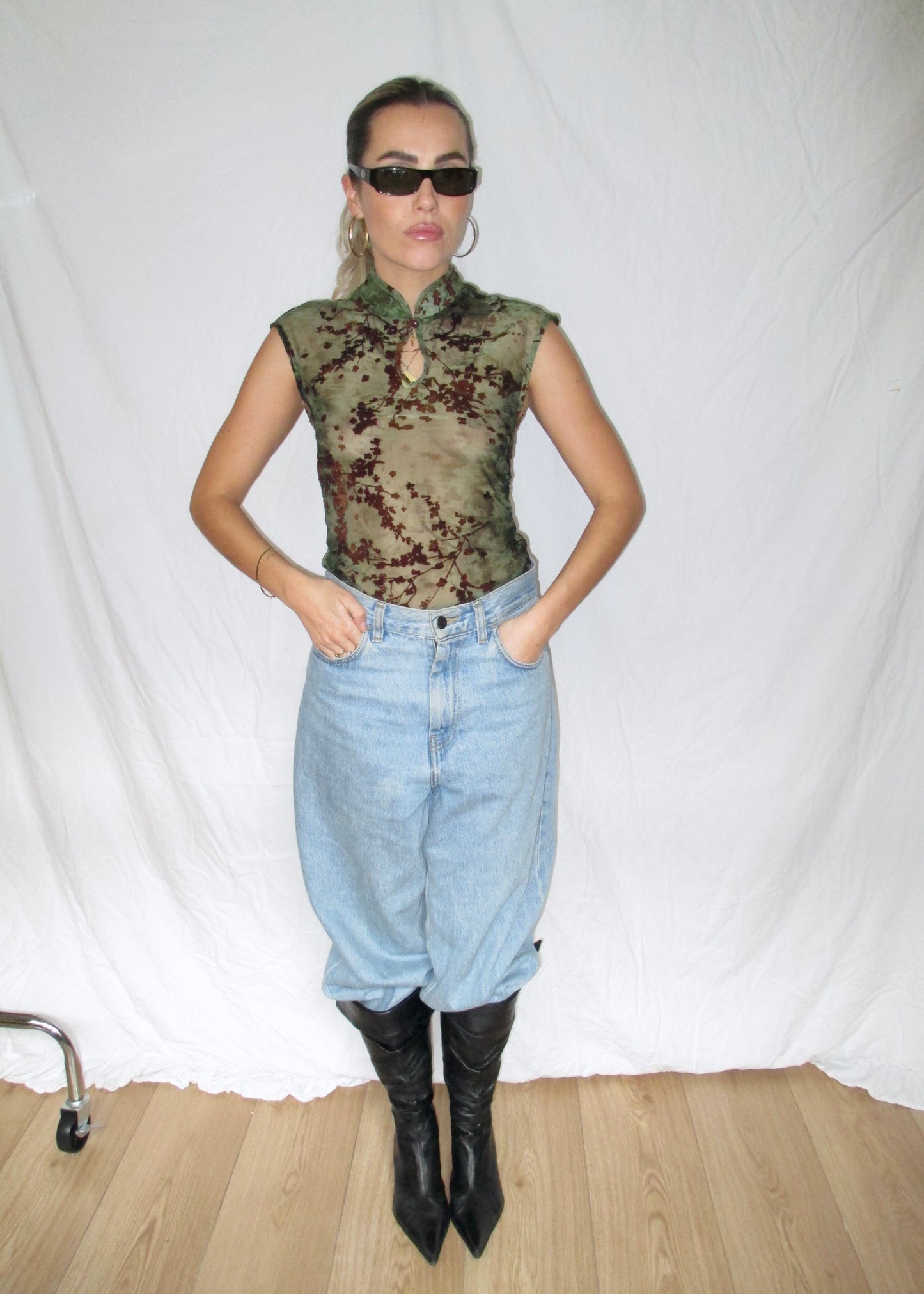 Sheer China Top Floral Print Green with Vintage Leather Boots and Carhartt Brandon Jeans