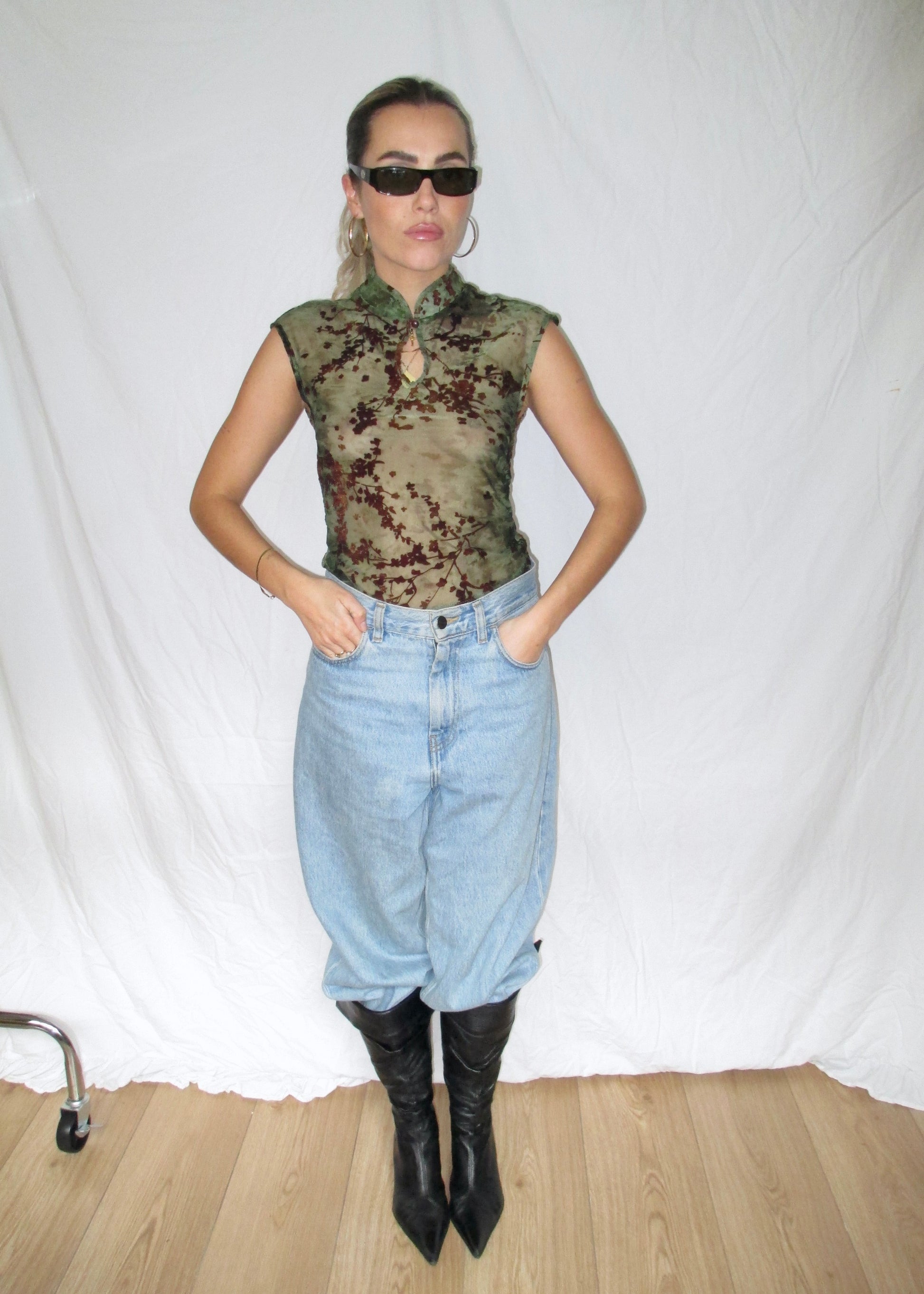 Sheer China Top Floral Print Green with Vintage Leather Boots and Carhartt Brandon Jeans