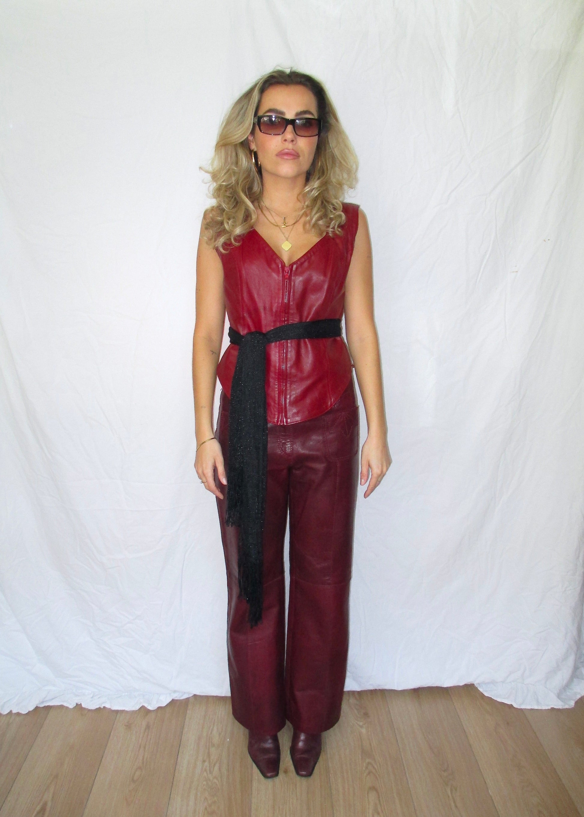 Vintage Red Leather Top with Zipper, burgundy vintage leather pants and vintage heeled burgundy boots
