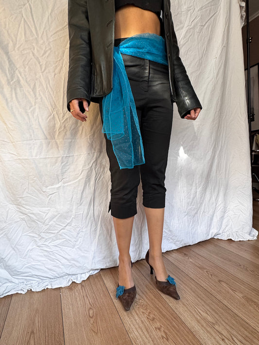 Vintage suede kitten heel with blue leather flower styled with capri pants and black leather jacket and scarf belt 