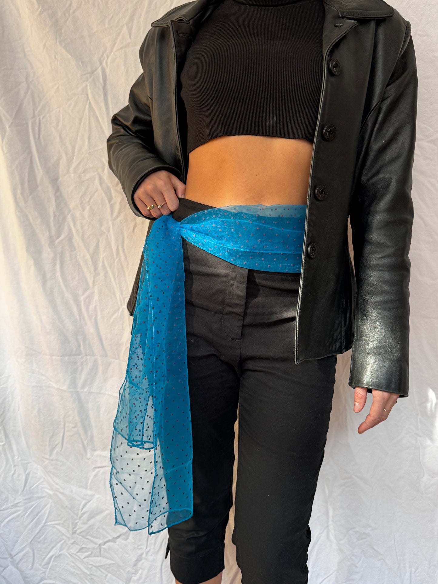 capri pantalon trousers with vintage blue belt scarf and black leather blazer