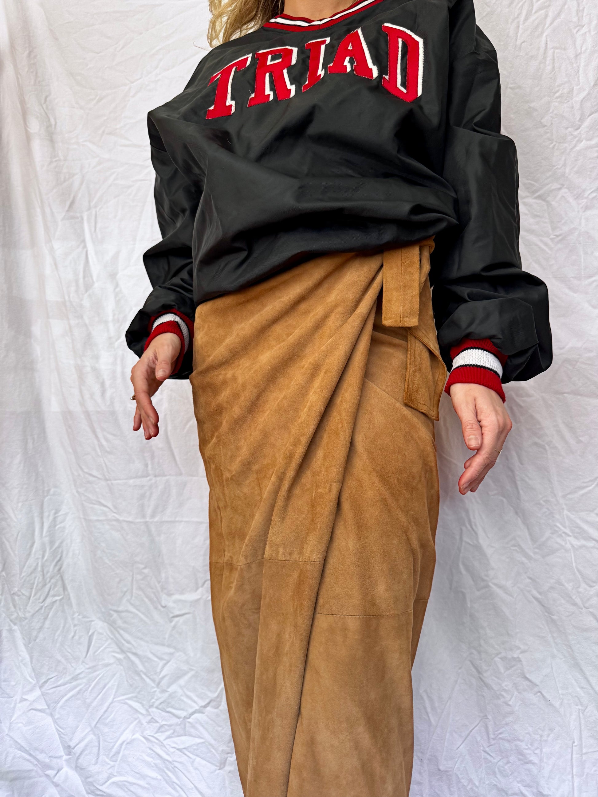 close up suede maxi skirt vintage with varsity jacket