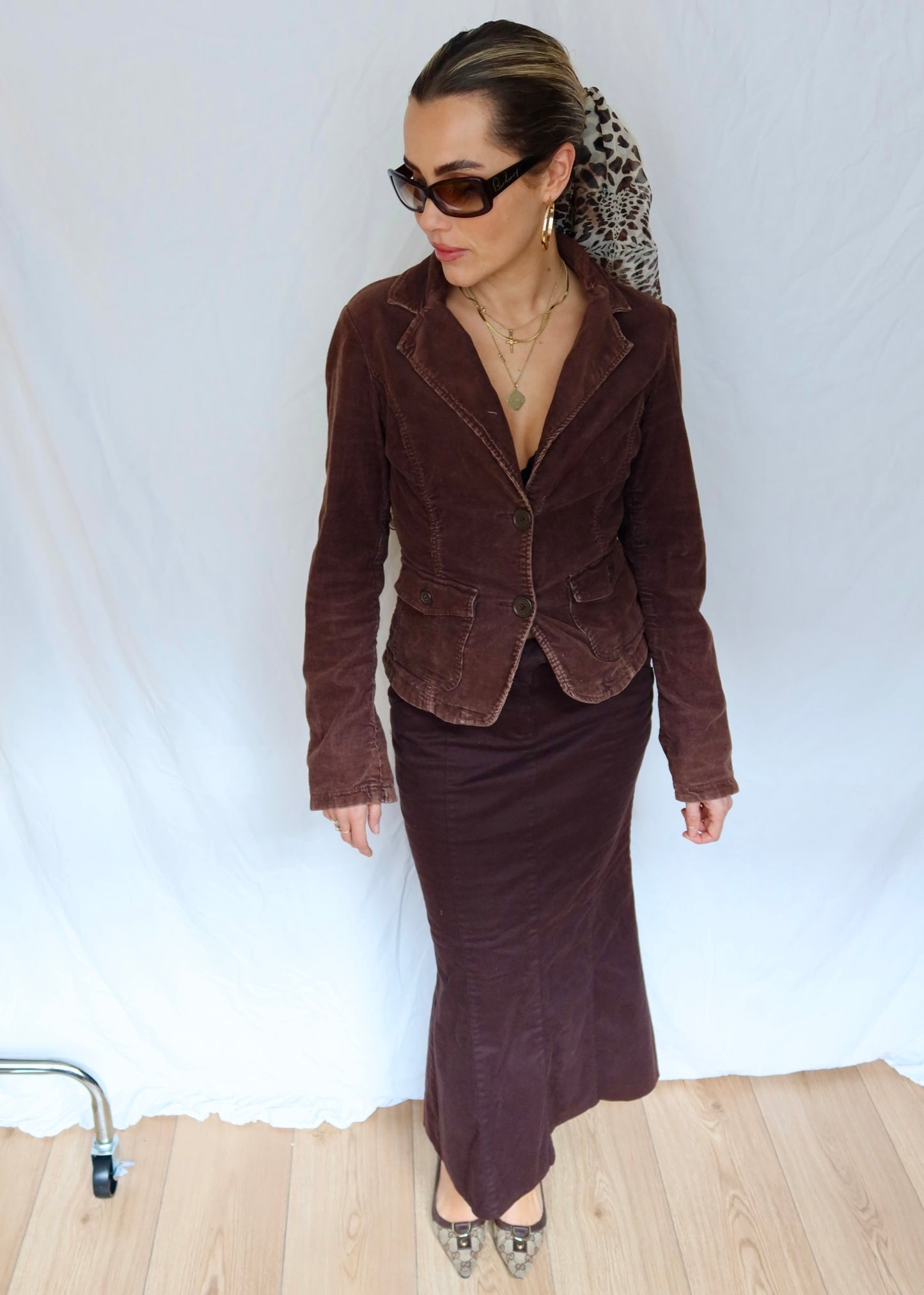 Brown corduroy blazer ponytail vintage scarf designer kitten heels back view gucci and burberry vintage.