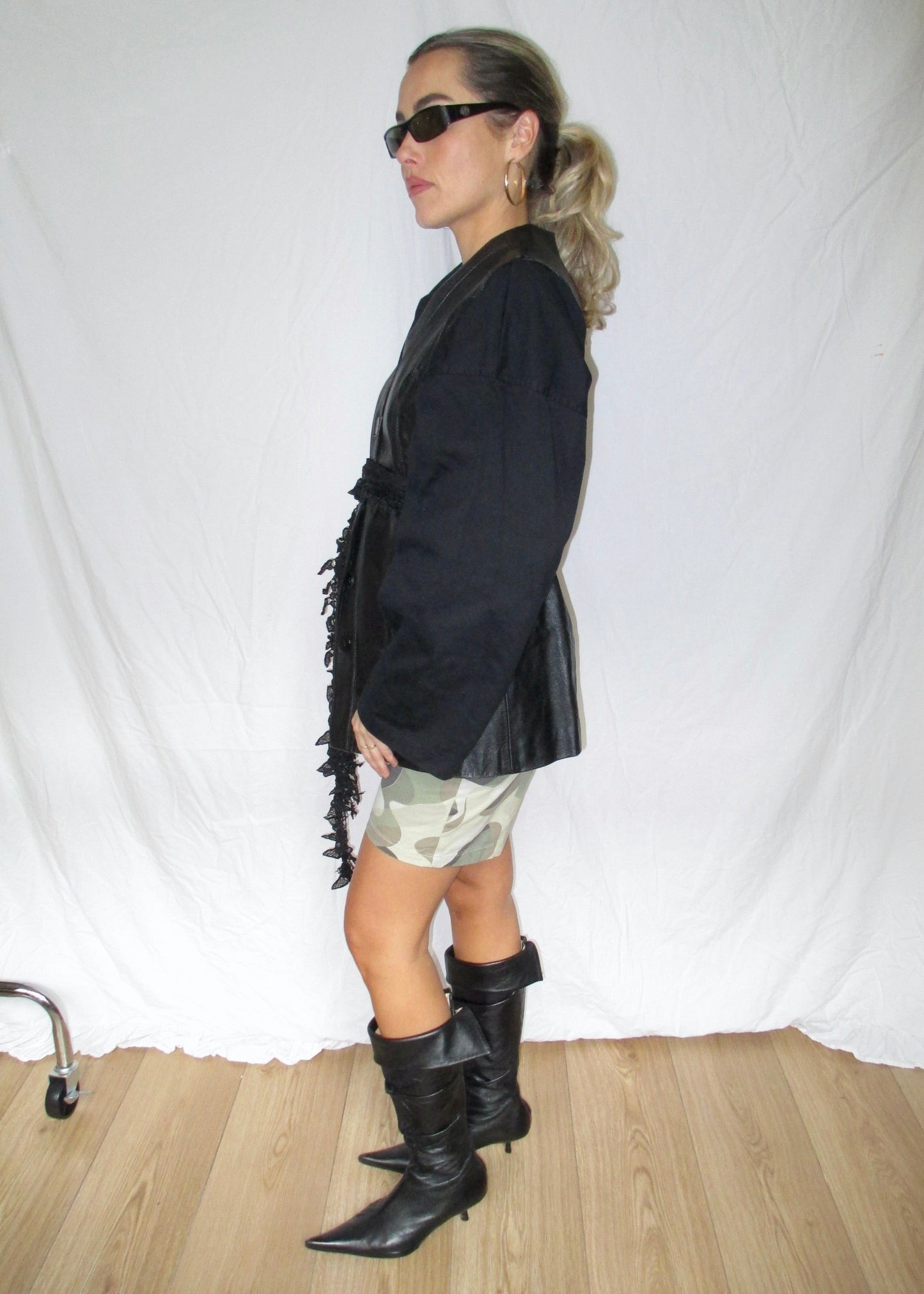 Leather Waistcoat vintage with vintage scarf, camo jort and black leather kitten heel boots