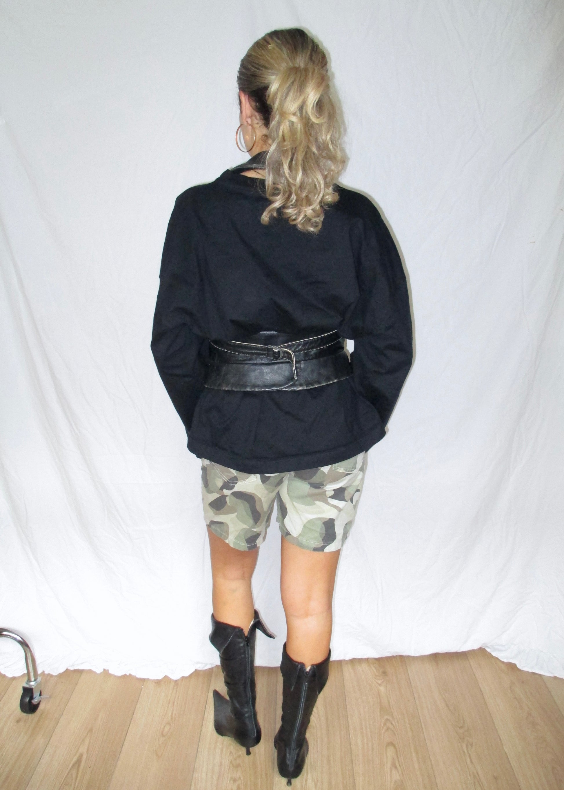 leather vintage waistcoat corset crop top with army shorts and vintage leather boots back