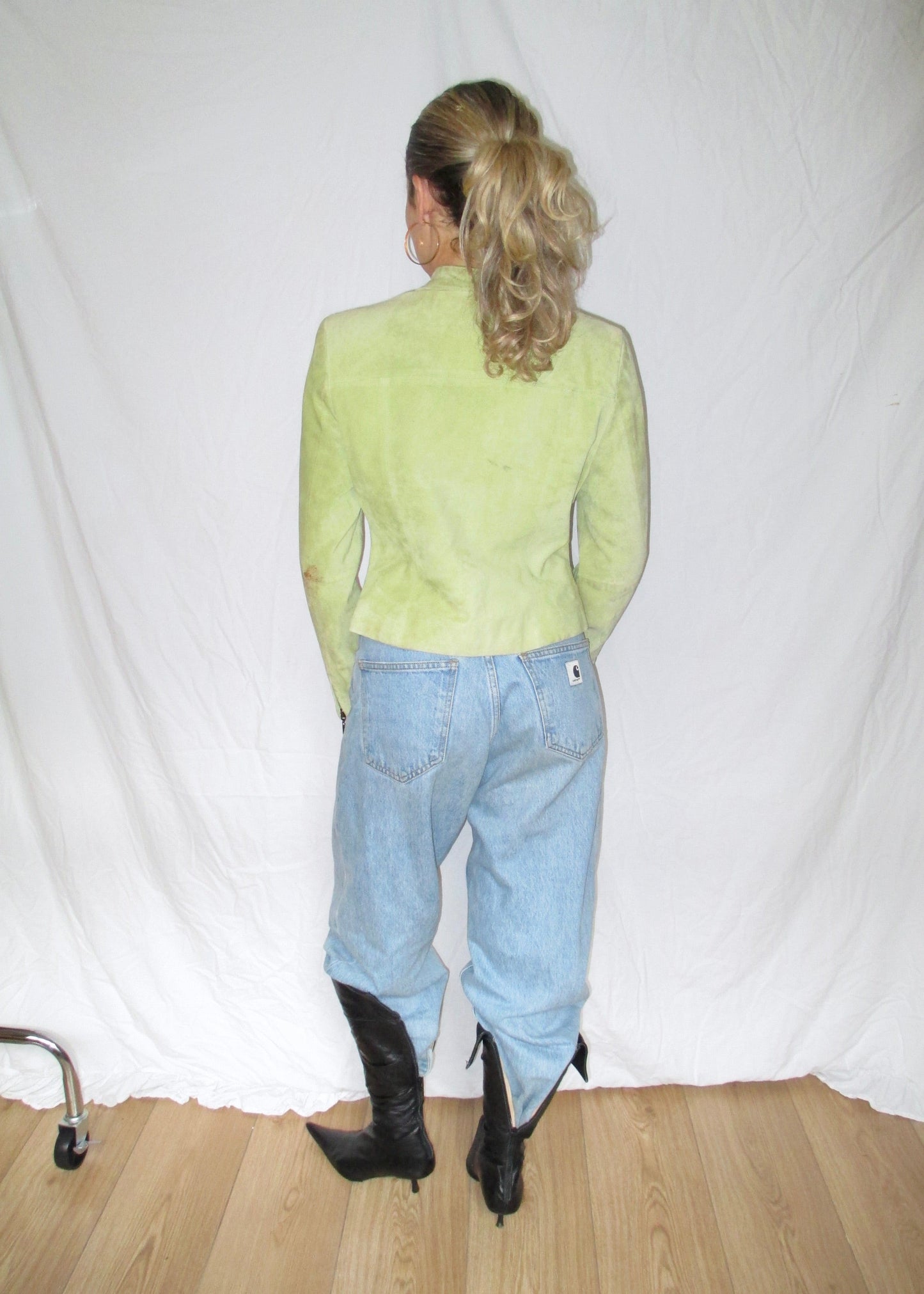 pistachio green suede vintage jacket carhartt pants kitten heel leather boots back view