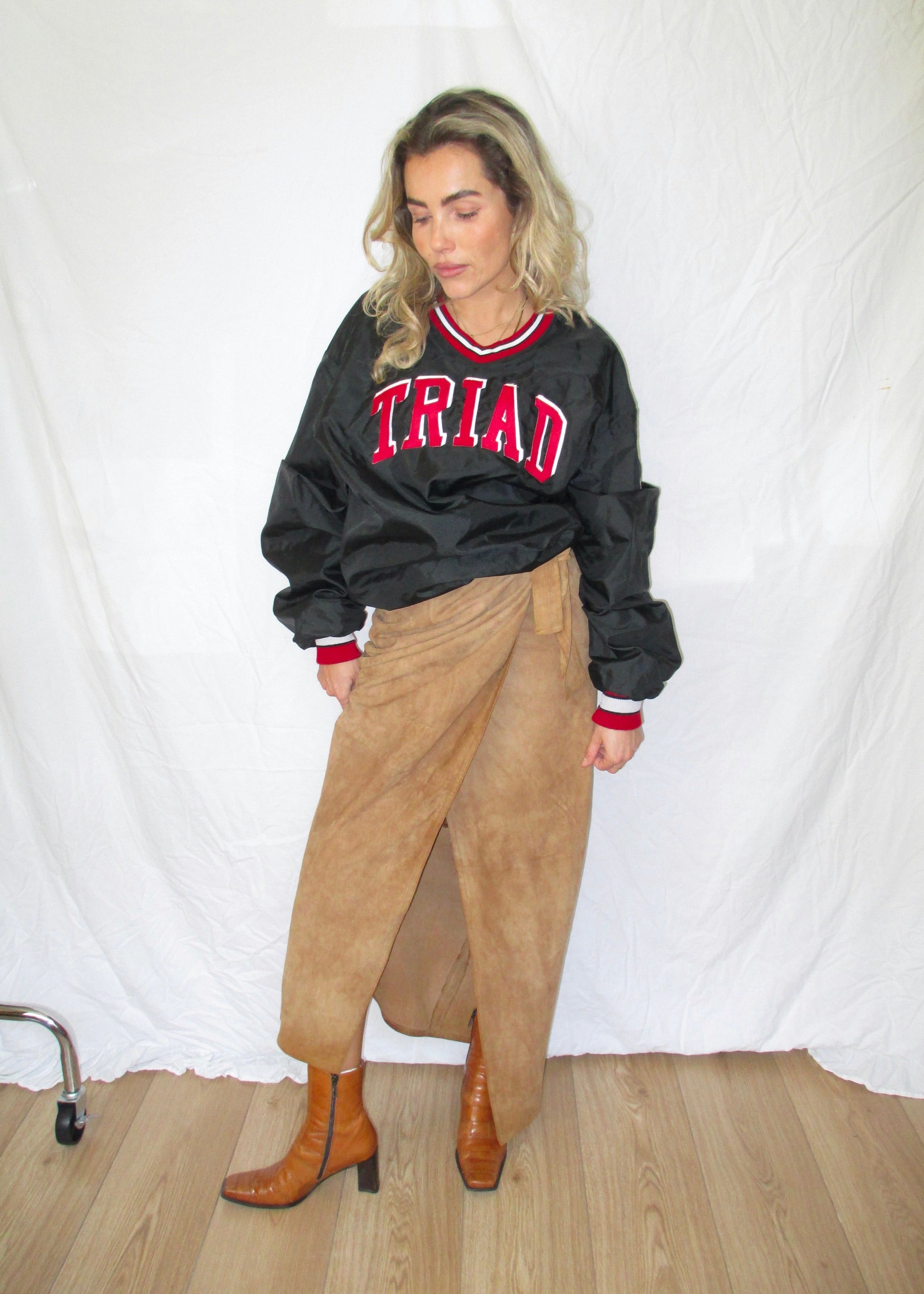 suede split midi skirt with vintage boots, vintage jersey and front split