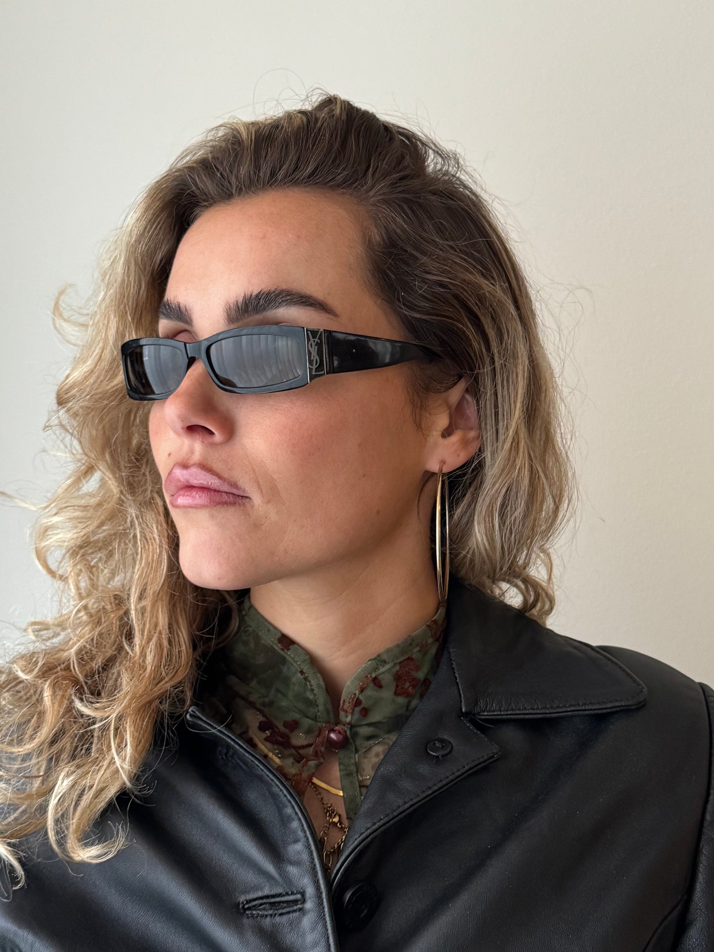 YSL  designerSUNGLASSES china sheer top leather vintage blazer on model